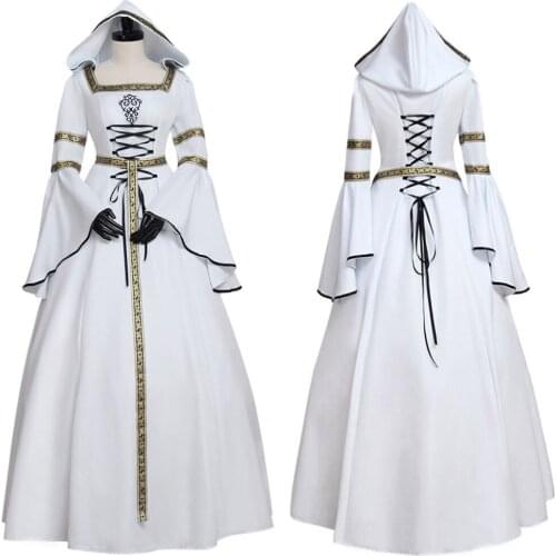 Ladies White Medieval Renaissance Ball Gown Dress Hooded Adult Fantasy Fancy Dress Costume Cosplay