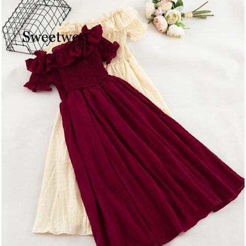 2020 Women Slash Neck Short Flare Sleeve Off Shoulder Pullover Dress Casual Plaid Elastic Slim High Waist Pleated Ruffles Dress