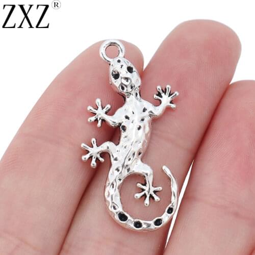 ZXZ 10pcs Tibetan Silver Hammered Lizard Gecko Charms Pendants for Necklace Bracelet Jewelry Making Findings 38x20mm