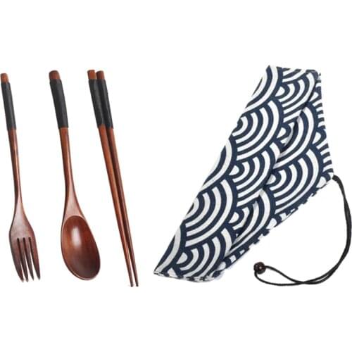 1Set Wooden Spoon Fork Set Japanese Dinnerware Set Long Handle Wood Spoon Fork Chopsticks Portable Cutlery Set Wood Tableware