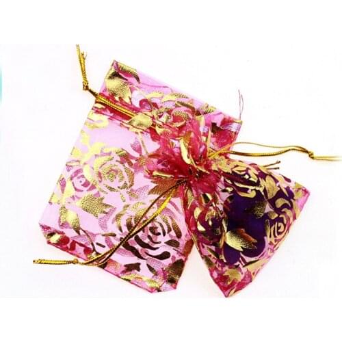 17*23cm 100pcs Rose Golden Rose Gift Bags For Jewelry/wedding/christmas/birthday Yarn Bag With Handles Packaging Organza Bags