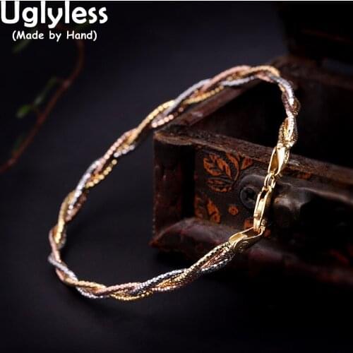 Uglyless 3Lines Twists Bracelets for Women 100% Real 925 Silver Jewelry Italy Technology Anti-fade Twisted Bangles Colorful Gold