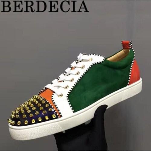 Brand Berdecia Gold Spikes Lace Up Patchwork Sneakers Leather Men Spring Outside Party Chaussures Flats Male Vulcanized Shoes