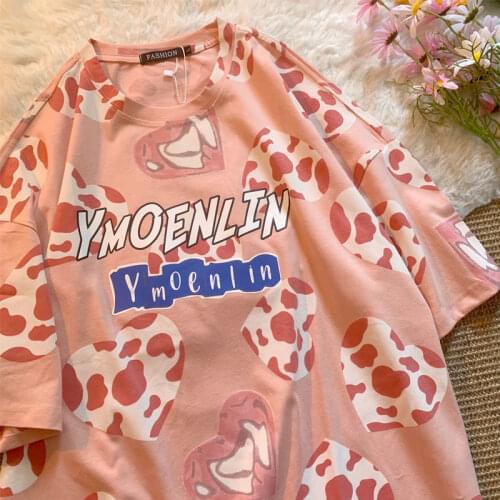 Cotton 2021 Casual Student Summer Small Fresh Cow Print T-shirt Men and Women Loose Lovers Short Sleeves Shirts