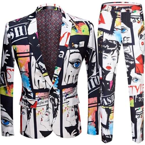 Summer Mens Fashion Print 2 Pieces Set Casual Suits Plus Size Hip Hot Male Slim Fit Suit Men Singer Wedding Costume