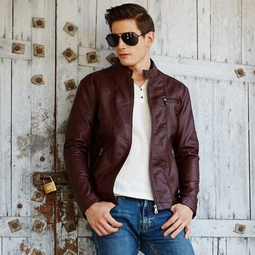 2021 Mens New Stand Collar Motorcycle PU Leather Jacket Youth Slim Handsome Stitching Leather Jacket