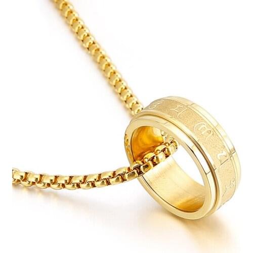 Mens Six-character Mantra Sanskrit Stainless Steel Rotatable Ring Pendant Necklaces Men Amulet Necklace Retro Religious Jewelry