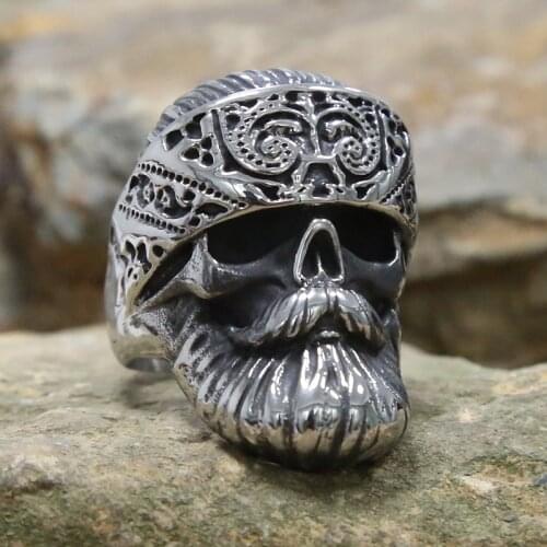 Hippie Mens Big Beard Wear Hat Skull Rings Cool Punk Skull Biker Ring Male Stainless Steel Hip Hop Rock Jewelry Gift for Him