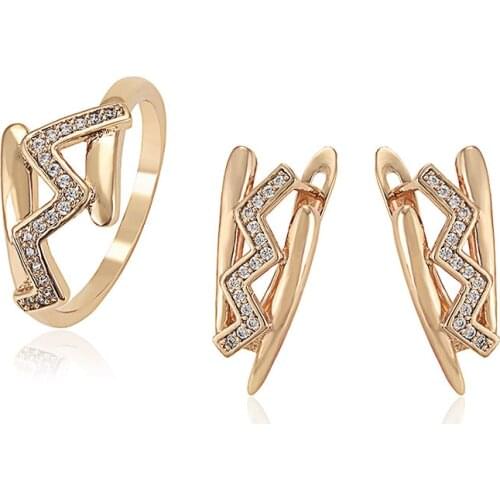 MxGxFam Lightning Hoop Earrings and Ring Fashion Jewelry Sets for Women Gold Color 18 k AAA+ Zircon