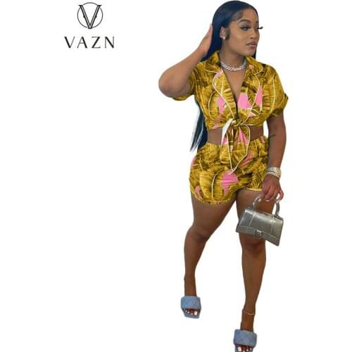 VAZN 2021 Women Fashion New Street Casual Style Sets Short Sleeve Lapel Top Elastic Short Pants Printed Two Piece Sets