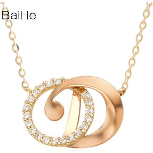 BAIHE Solid 18K Yellow Rose Gold 0.10ct Round Natural Diamond Wedding Cute/Romantic Gift OD letter diamond Necklaces