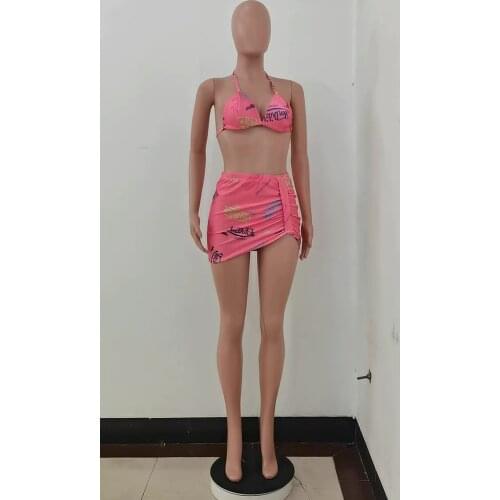 Wholesale 2021 New Letter Printing Swimsuit Cover Up Mini Skirt Swimsuit Bikini Set Sexy 3 Piece Halter Swimsuit
