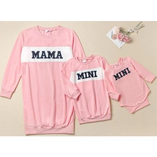 2021 Autumn Winter Mommy And Me Hoodies Dress Pink Mama Mini Baby Romper Mother Daughter Sweatshirt Family Matching Clothes