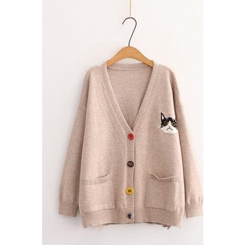 Japanese Autumn Knit Cardigan Sweater Women Cute Cat Embroidery Loose Female Outerwear School Girl Preppy Cute Sweater Coat