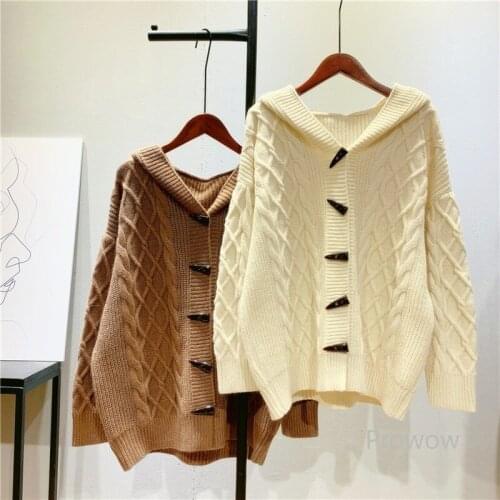 Horn Button Hooded Sweater Jacket Women Plus Size Cardigan Spring Autumn Outwear Korean Fashion Loose Long Twist Knit Cardigan