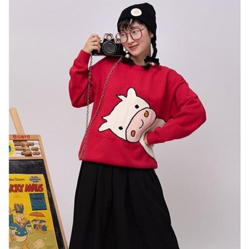 Loose Casual Sweater Warm O-neck Couple Knit Sweater Spring New Red Calf Print Pullover Autumn Bottoming Shirt Top