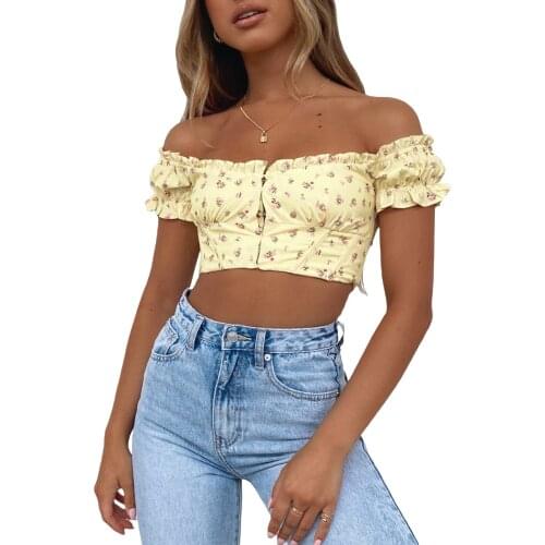 2021 New Womens Fashion Off Shoulder Crop Tops Sexy Short Sleeve Central Single-Row Clasp Frill T-Shirts Streetwear for Summer