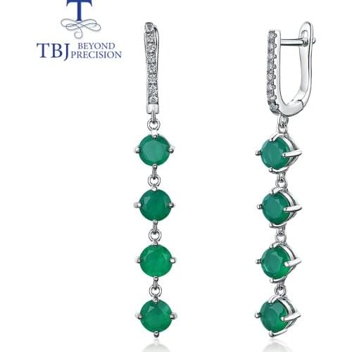 TBJ,Long Gemstone earring 4ct natural green agate round 5mm 925 sterling silver fine jewelry for girls wife party gift