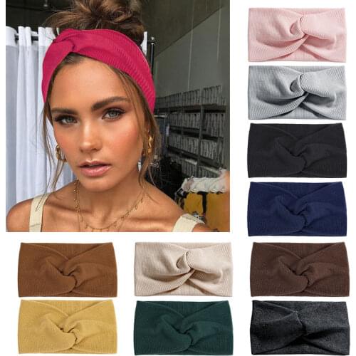 Ladies Twist Knitted Cotton Wide Turban Headwrap Girls Sport Yoga Fashion Threaded Cross Solid Color High Elastic Sport Headwear
