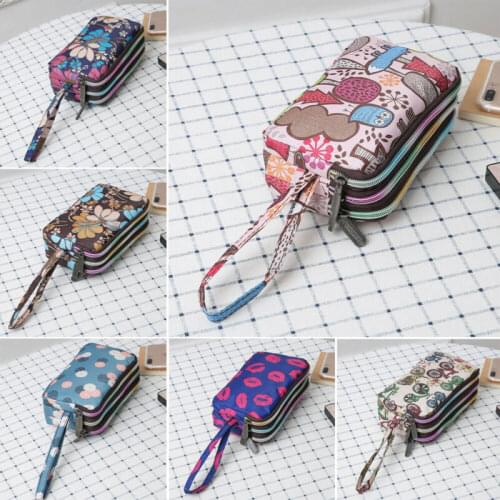 Women Lady Floral Card Coin Key Holder Triple Zipper Clutch Bag Waterproof Canvas Wallet Pouch Bag Phone Case Organizer Purse