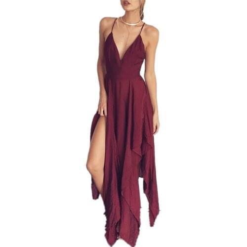 Women Clothes 2018 New Sexy Formal Dress Elegant Burgundy Sling Red Long Dress Halter Sleeveless Chiffon Irregular Slit Sukienka
