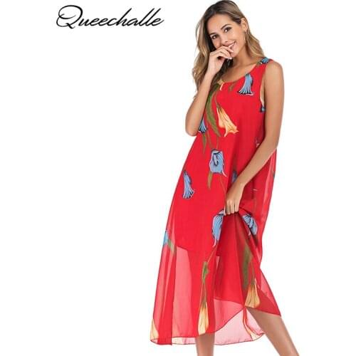 2021 Summer Dress Red Vintage Floral Print Sleeveless Chiffon Dress Casual Beach Style Loose Dresses for Women Vestidos Midi