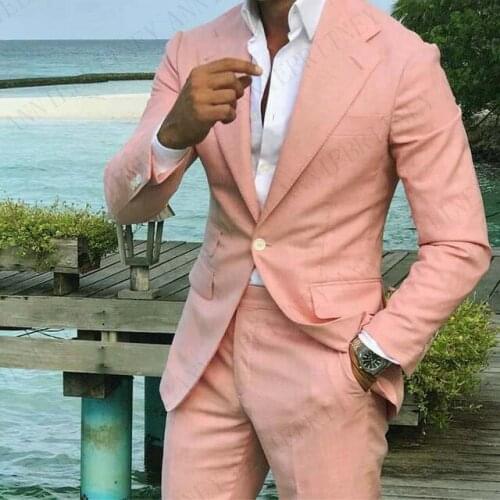 ANNIEBRITNEY Custom Made Men Pink Linen Fabric Casual Suit Slim Fit 2019 Fashion Mens Suits for Wedding Formal Groom Tuxedo Set