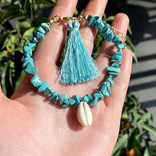 SAY HELLO Retro Handmade Shell Turquoises Bracelet Metal Chain Tassel Adjustable Ladies Bracelet Boho Jewelry Gift Women B20407