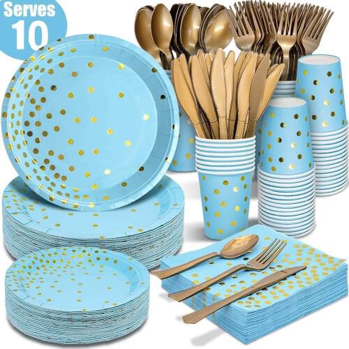 Bronzing Polka Dot Blue Disposable Tableware Set Paper Cup Paper Plate Paper Towel Knife Fork Spoon Party Supplies Decoration
