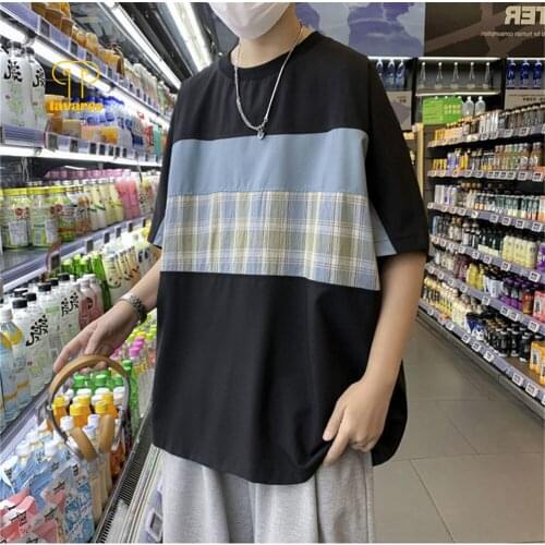 TAVARES Men Short Sleeve Lattice Stitching Summer Round neck Casual Cotton T-shirt Breathable Loose Clothes