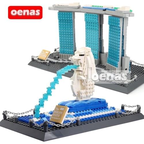 MOC City Creative Architecture Singapore Marina Bay Sands Merlion Statue Model Assemble Building Block Bricks Children Toy Gift