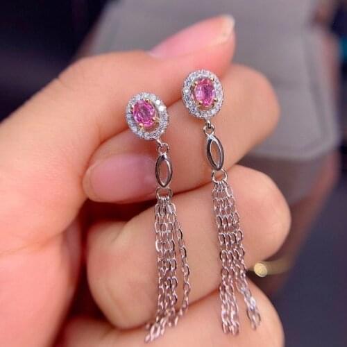 Grace long tassels Line natural pink sapphire drop earrings 925 silver Natural gemstone earring girl for wedding jewelry