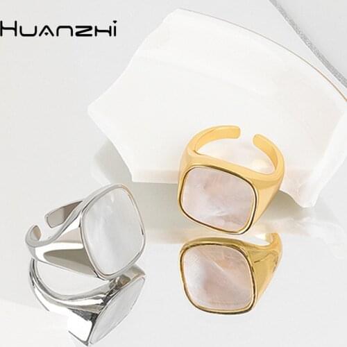 HUANZHI 2021 New Metal Titanium Steel Geometric Irregular Ring Square Opening Ring for Men Women Girls Jewelry