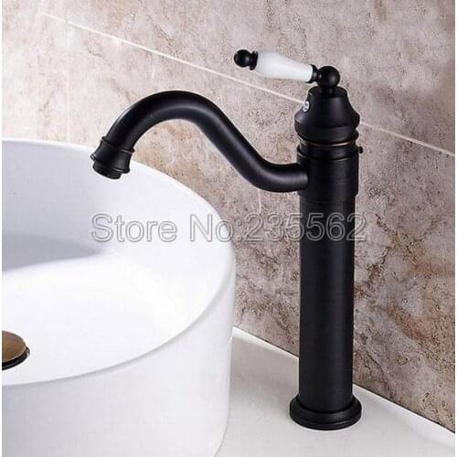 Oil Rubbed Bronze Retro Bathroom Basin Sink Mixer Taps Deck Mounted Single Holder 360 Swivel Spout Black Faucet Lnf105