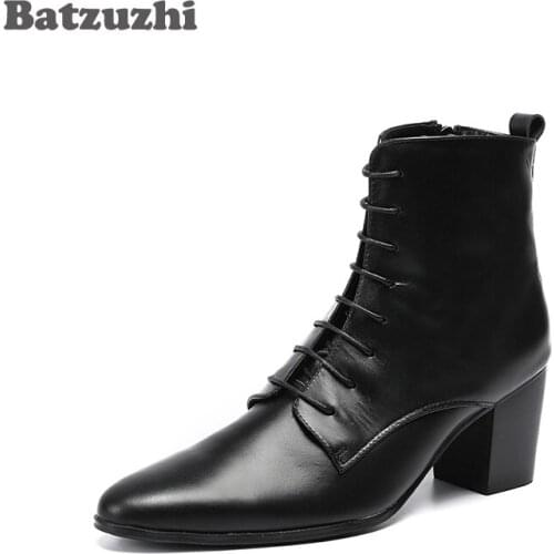 Batzuzhi Cowboy Boots Men High Heels 6.8cm Black Soft Leather Ankle Boots Thick Heels Men Shoes Zapatos Hombre Lace Up Man Boots