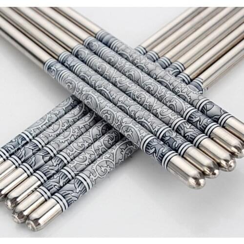 3 Pairs Stainless Steel Chopsticks Reusable Flower Printed Non-slip Chopsticks Stainless Steel Tableware Kitchen Chopsticks