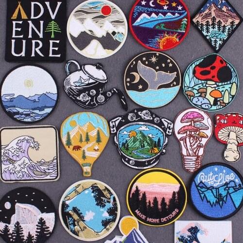 Wilderness Mountain Whale Mushroom Patch Iron On Patches For Clothes Adventure Patch Embroidered Patches For Clothing Stickers