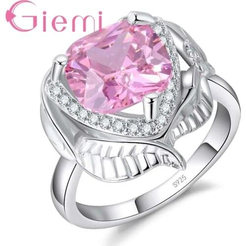 Personaized Women Girls Jewelry Gift Mystic Heart Crystal Ring Real 925 Sterling Silver Ring for Wedding Pink Color