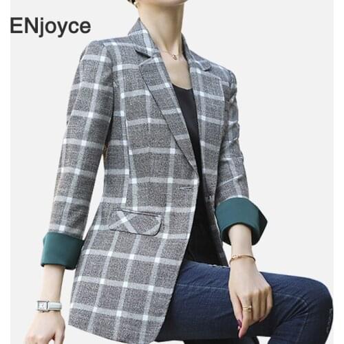 Spring Fall Vintage Grey Plaid Blazer Women Korean Style Fashion Slim Clothes Office Ladies Suit Workwears Bussiness Jacket