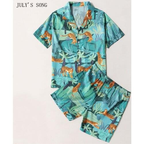 JULYS SONG 2pcs Men Pajamas Set Stain Summer Sleepwear Retro Luxury Faux Slik Leopard Printing Short-sleeved Striped Homewear