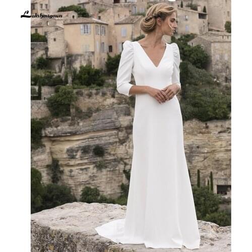 2021Beach Wedding Dresses Satin Simple V Neck Backless Puff Sleeve Wedding Gown vestidos de novia 2021 blanco Lakshmigown
