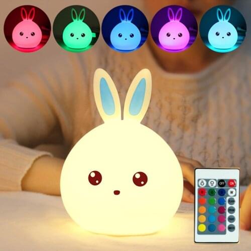 Rabbit Night Light Touch Sensor Remote Control RGB LED Table Lamp USB Rechargeable Silicone Bunny Lamp for Children Baby Gift