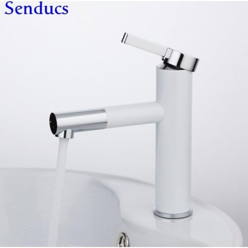 Senducs White Chrome Basin Faucet Deck Mounted Brass Bathroom Basin Sink Mixer Tap Contemporary White Bathroom Basin Faucet