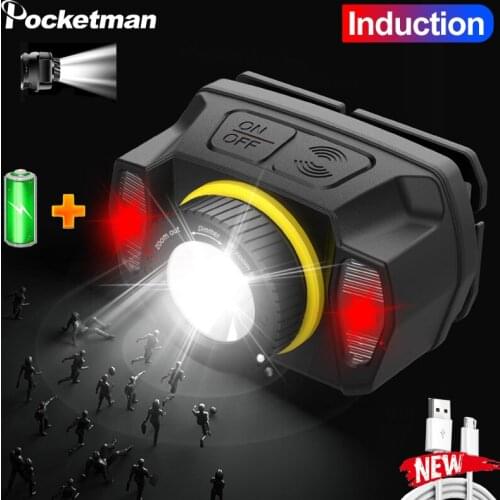 Super Bright LED Headlamp with Infrared Sensor Rotatable Zoom Headlight Built-in Rechargeable Lithium Battery for Expedition