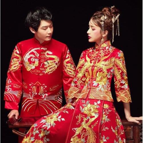 Chinese Traditional Couple Wedding Banquet Clothing Qipao Dress Long Cheongsam Stylish Elegant Bride Vintage Qipao Dress