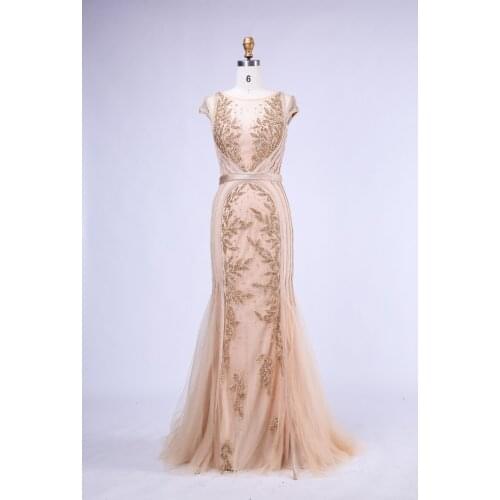 Champange Formal Evening Dresses Long Sexy See-through Beading Tulle Floor-Length Prom Party Gowns Plus Size