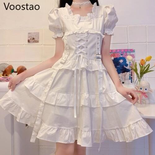 Japanese Vintage Sweet Lolita Princess Mini Dress Women Victorian Gothic Puff Sleeve Ruffles Bandage Party Dress Girl Punk Dress