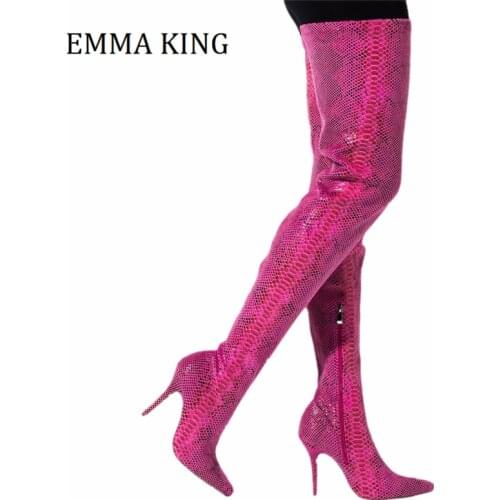 2021 Spring Women Snakeskin Long Boots Pink Leather Pointed Toe Zipper Thin High Heels Boots Sexy Club Women Botas De Mujer