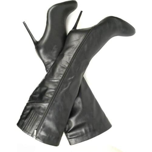 Womens Shoes Round Toe High Heels Knee Boots Full Zipper Black Ladies Elegant Winter Footwear Warm Fuax Fur Lining