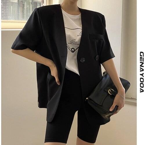 Genayooa Office Ladies Blazer Women 2021 Black Short Sleeve V Neck Thin Blazer Coat Women Elegant Korean Coats Femme Summer Chic